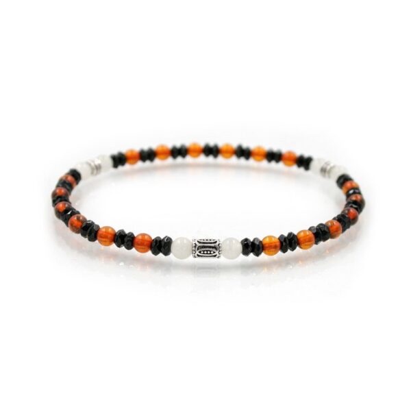 Elastic Bracelet with amber, black agate, white moonstone and sterling silver element