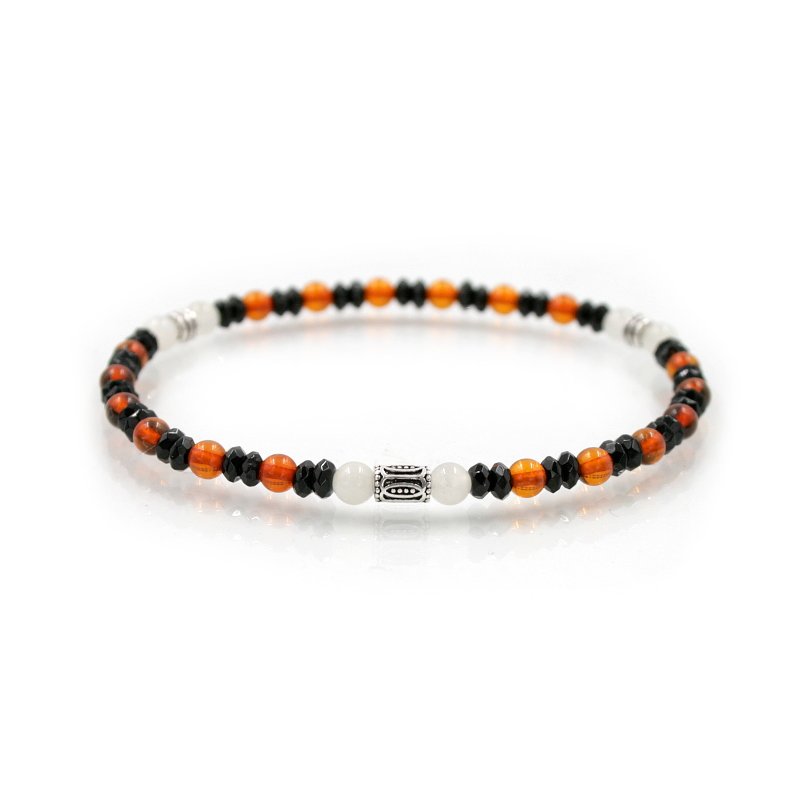 Bracciale elastico con ambra, agata nera, moonstone bianca ed elemento in argento