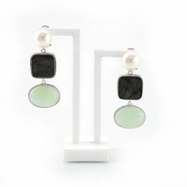 Sterling silver earrings with beryl cabochon, horn element and pearls