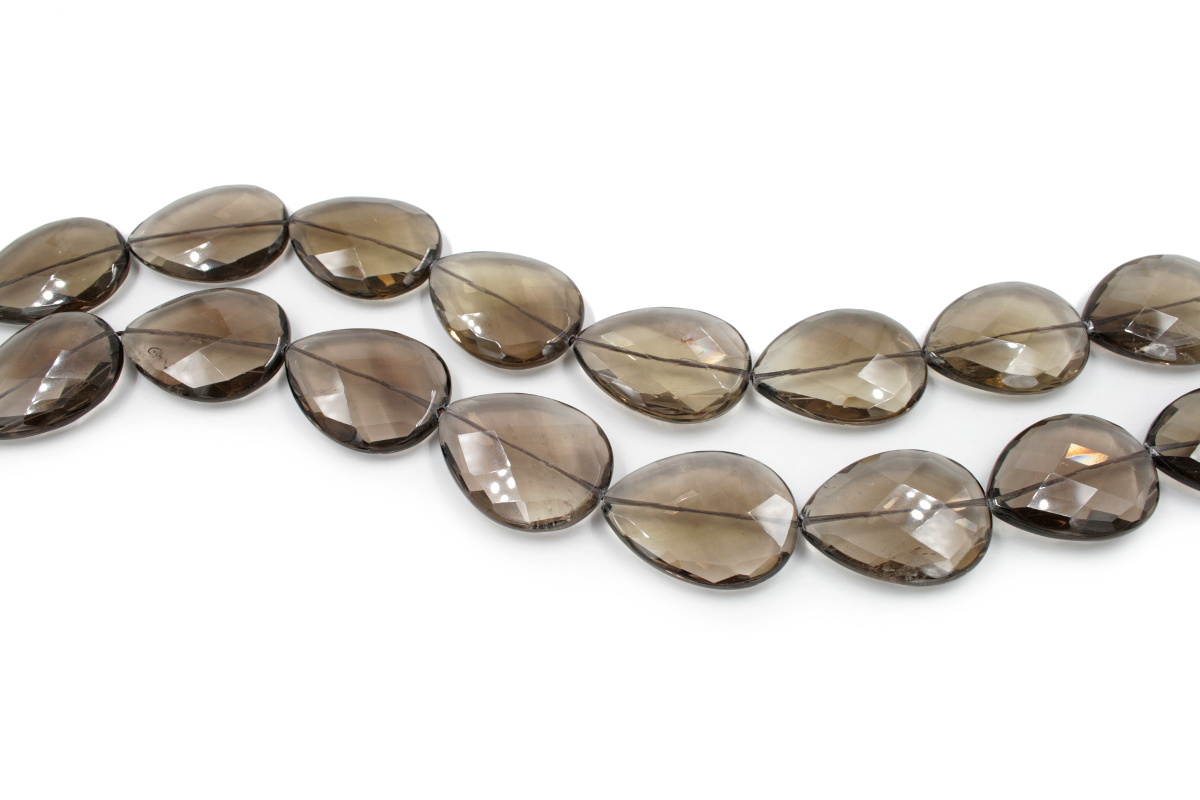 Smoky Quartz strands faceted flat drop shape size 40x30mm - Passing Hole