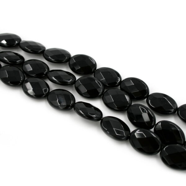 Black agate strands faceted flat oval shape size 18x13mm