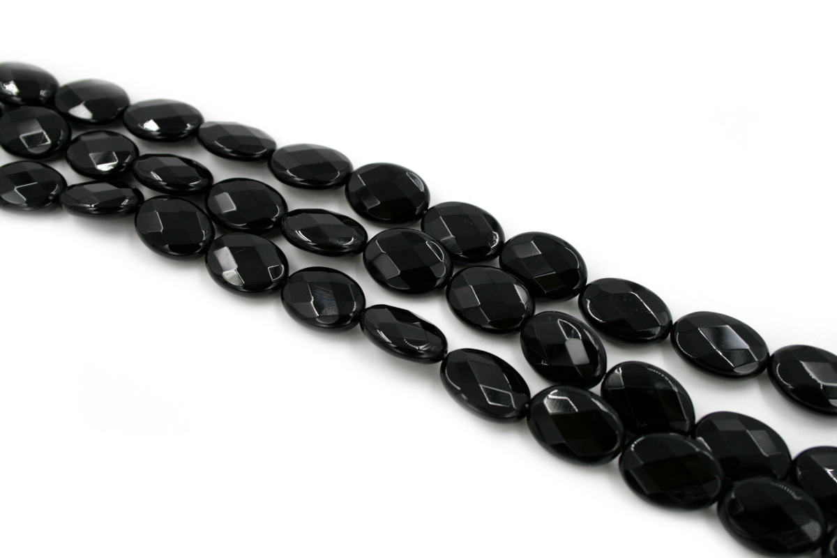 Black agate strands faceted flat oval shape size 25x18mm