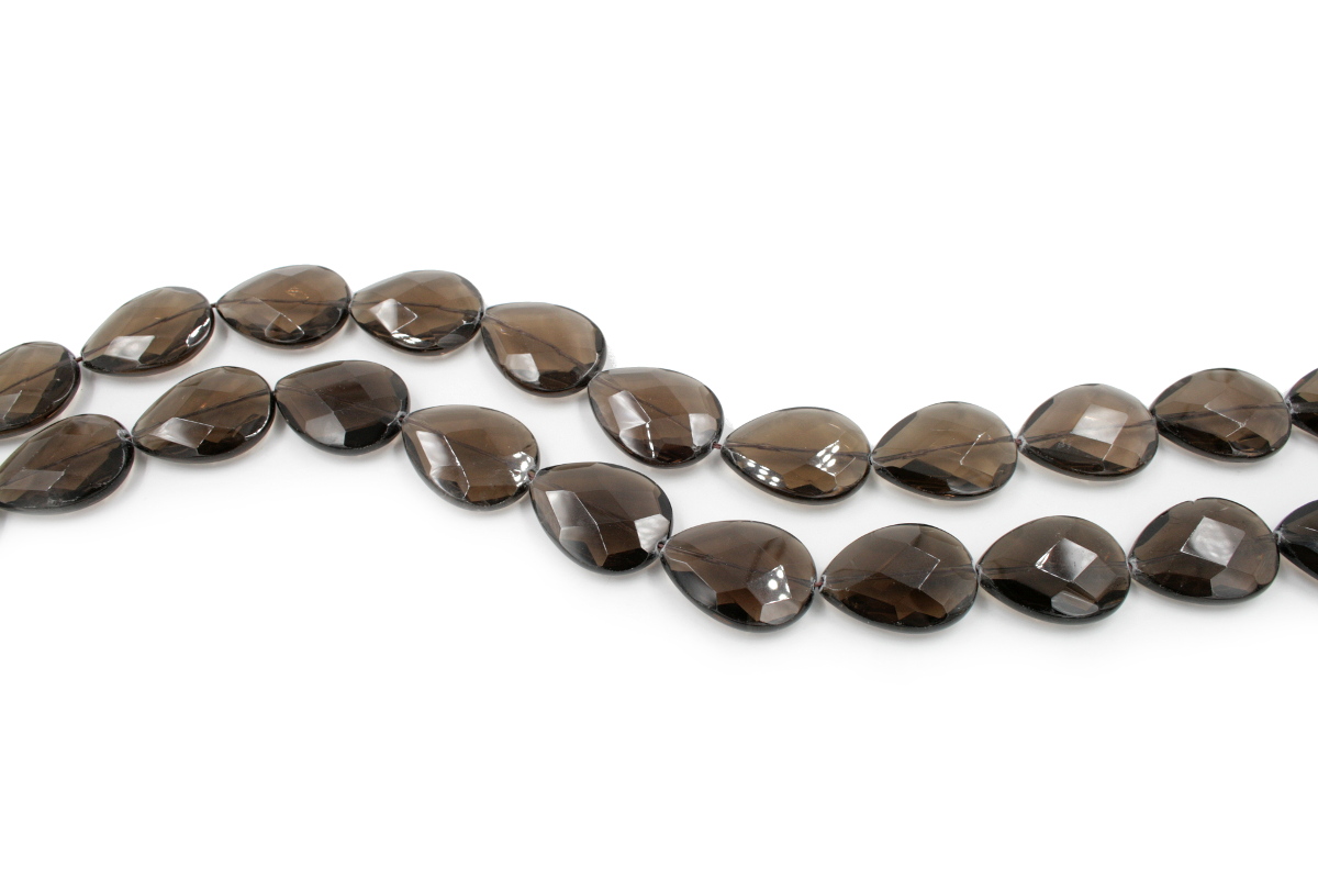 Smoky Quartz strands faceted flat drop shape size 30x22mm