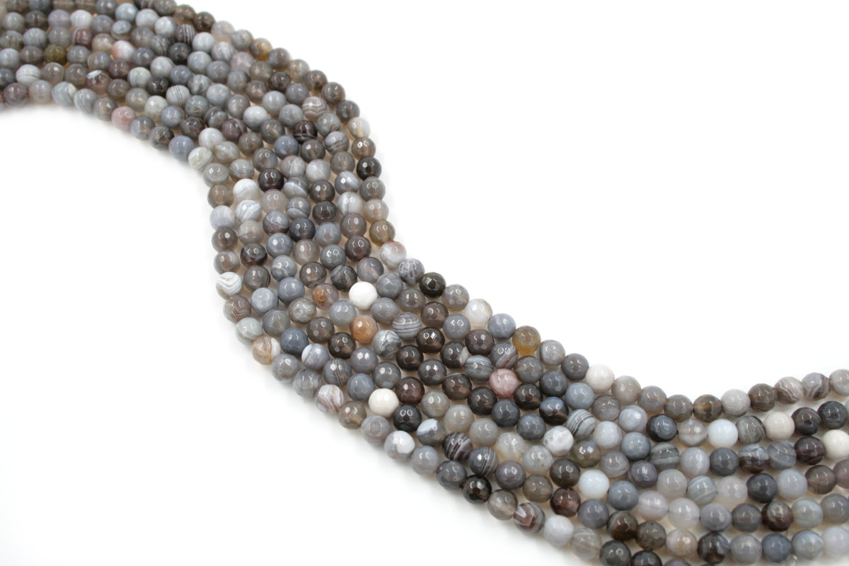 Grey Botswana Agate strands faceted round shape size 6mm