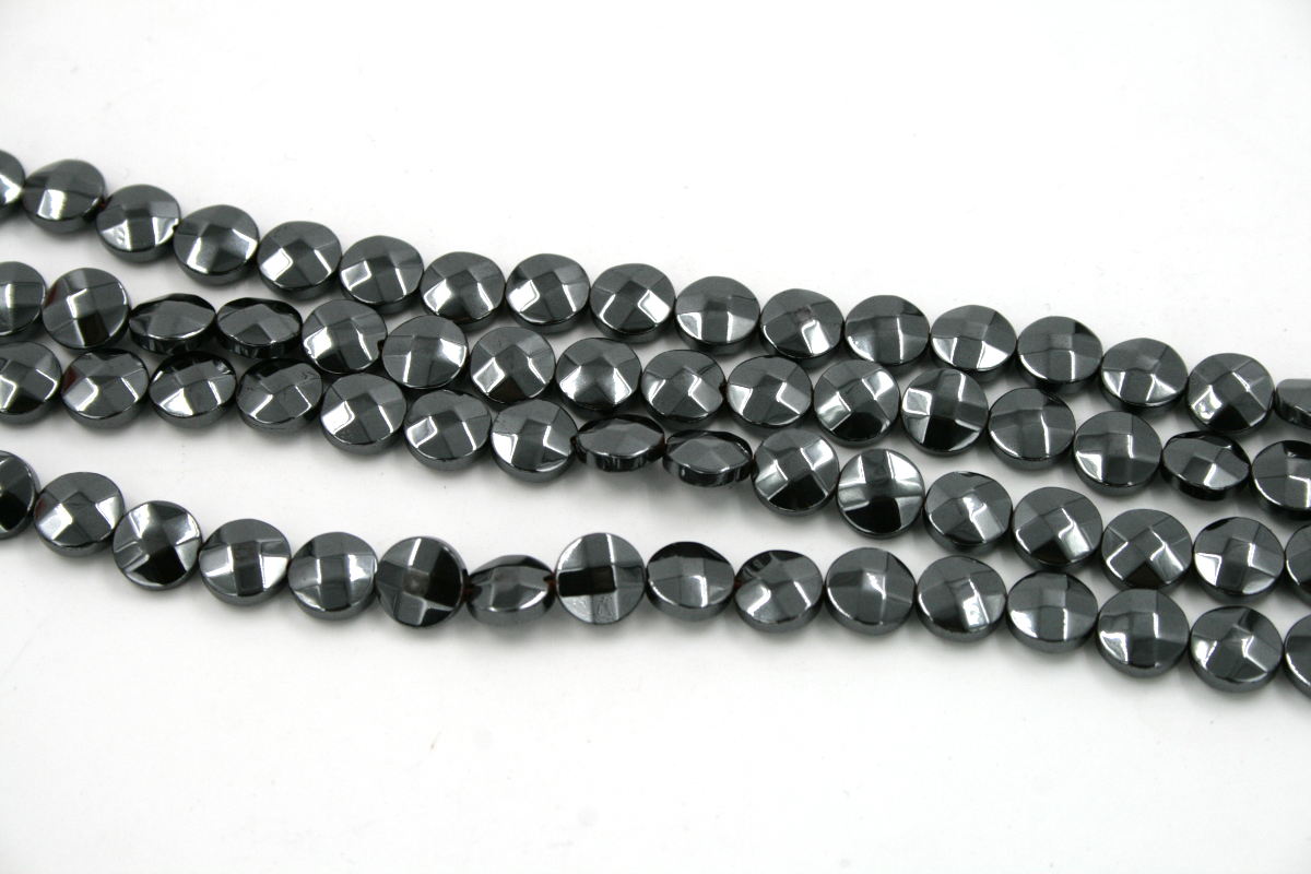 Hematite strands facetted coin shape size 8mm