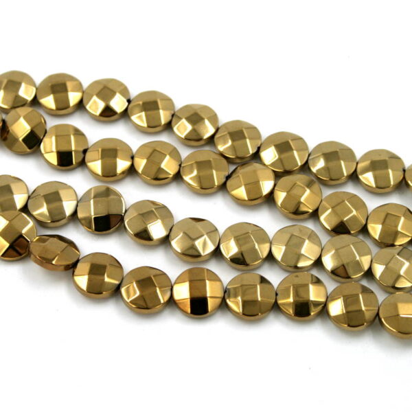 Hematite coin facetted shape strands size 10mm gold color