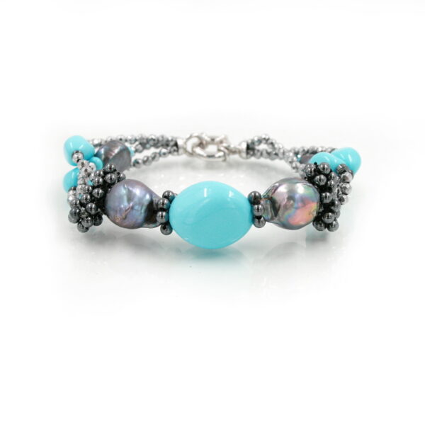 Bracialet with Silver Hematite, Pearsl and Recon Turquoise with Sterling Silver Clasp