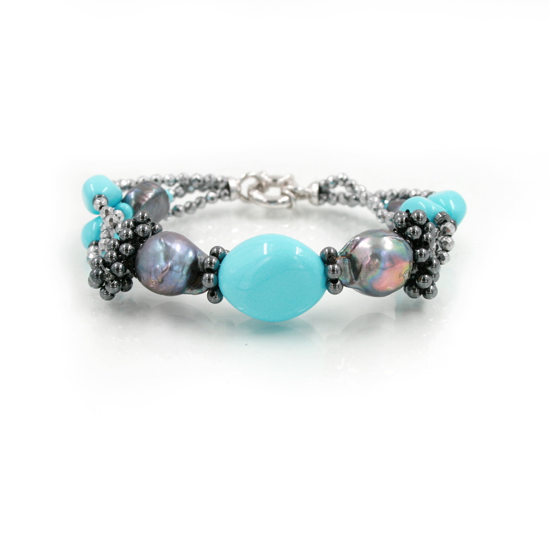 Bracialet with Silver Hematite, Pearsl and Recon Turquoise with Sterling Silver Clasp