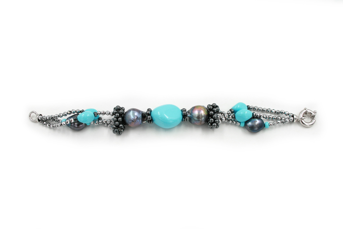Bracialet with Silver Hematite, Pearsl and Recon Turquoise with Sterling Silver Clasp - Image 2