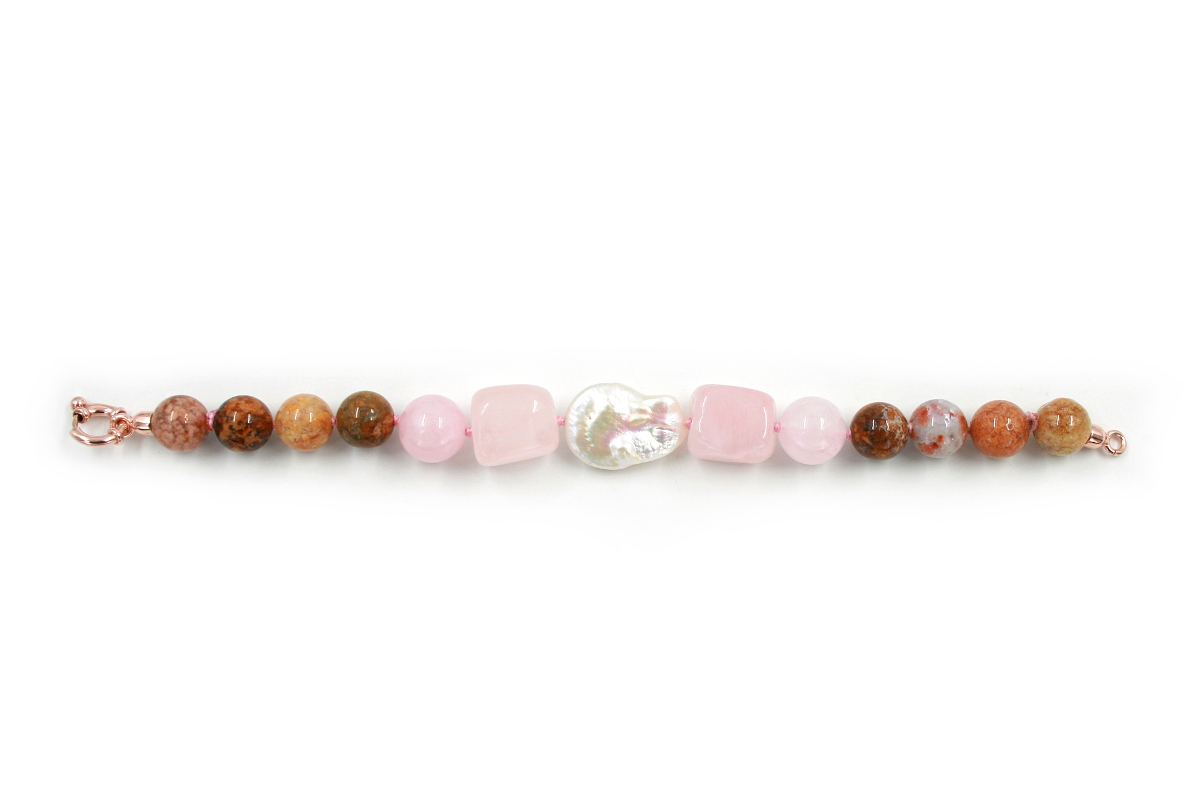 Bracciale Agata Multicolor, Quarzo Rosa e Perle con chiusura in argento 925‰
