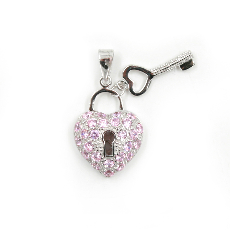 Sterling Silver Pendant lock heart shape with pink zircons