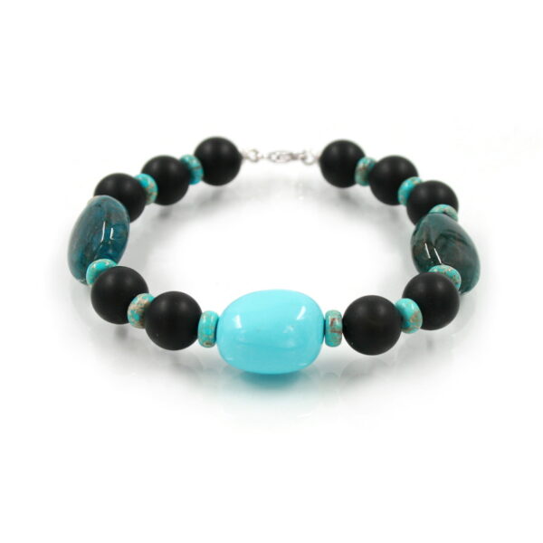 Bracelet frosted black agate, imperial jasper, apatite and recon turquoise and sterling silver clasp