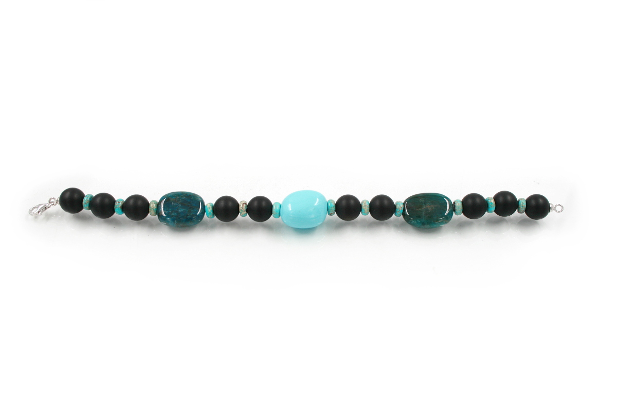 Bracciale agata nera satinata, diaspro imperiale, apatite e pasta di turchese e chiusura in argento 925‰ - immagine 2