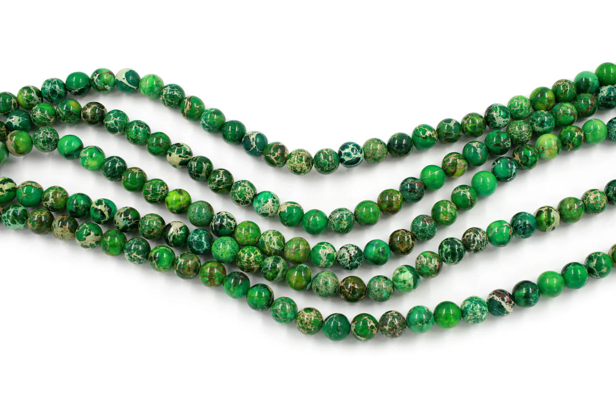 Green Imperial Jasper strands round beads 6mm to 10mm