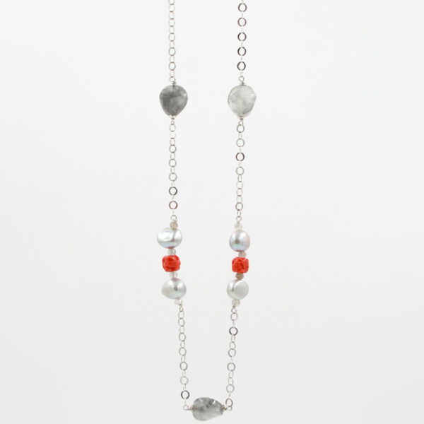 Handmade necklace with sterling silver strand rhodium color with cloudy quartz, red coralo, pearls, labradorite and silver clasp