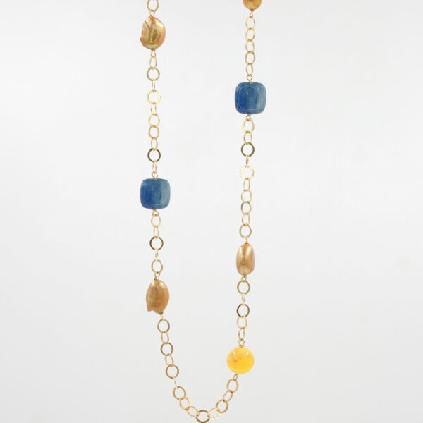 Handmade necklace with sterling silver strand golden color with kyanite, pearls, fire agate and silver clasp