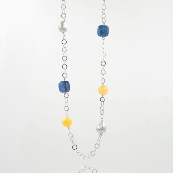 Handmade necklace with sterling silver strand rhodium color with kyanite, pearls, fire agate and silver clasp
