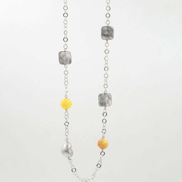 Handmade necklace with sterling silver strand rhodium color with cloudy quartz, pearls, fire agate and silver clasp