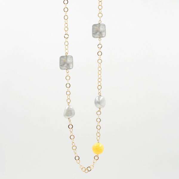 Handmade necklace with sterling silver strand golden color with cloudy quartz, pearls, fire agate and silver clasp