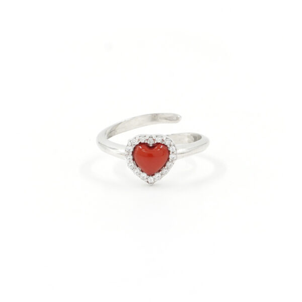 Anello in Argento 925‰ con cuore corallo e giro di zirconi – Rodiato