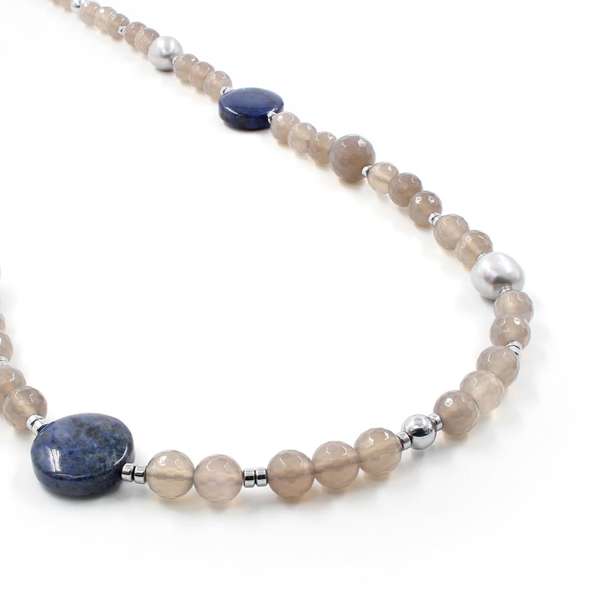 Necklace with grey agate, dumortierite, hematite and sterling silver clasp