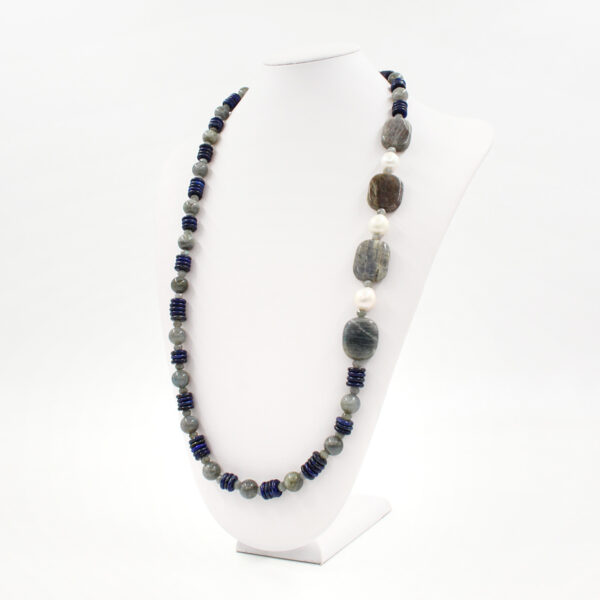 Necklace with labradorite, lapis, pearls and sterling silver clasp