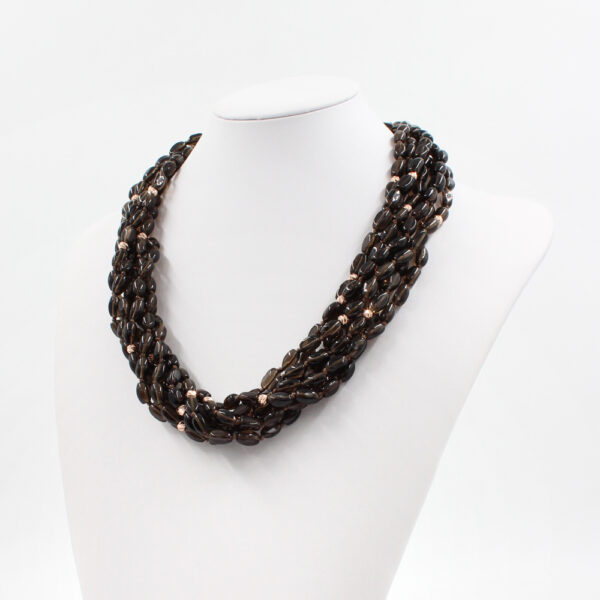 Multistrands necklace with smoky quartz torchon, sterling silver elements and horn clasp