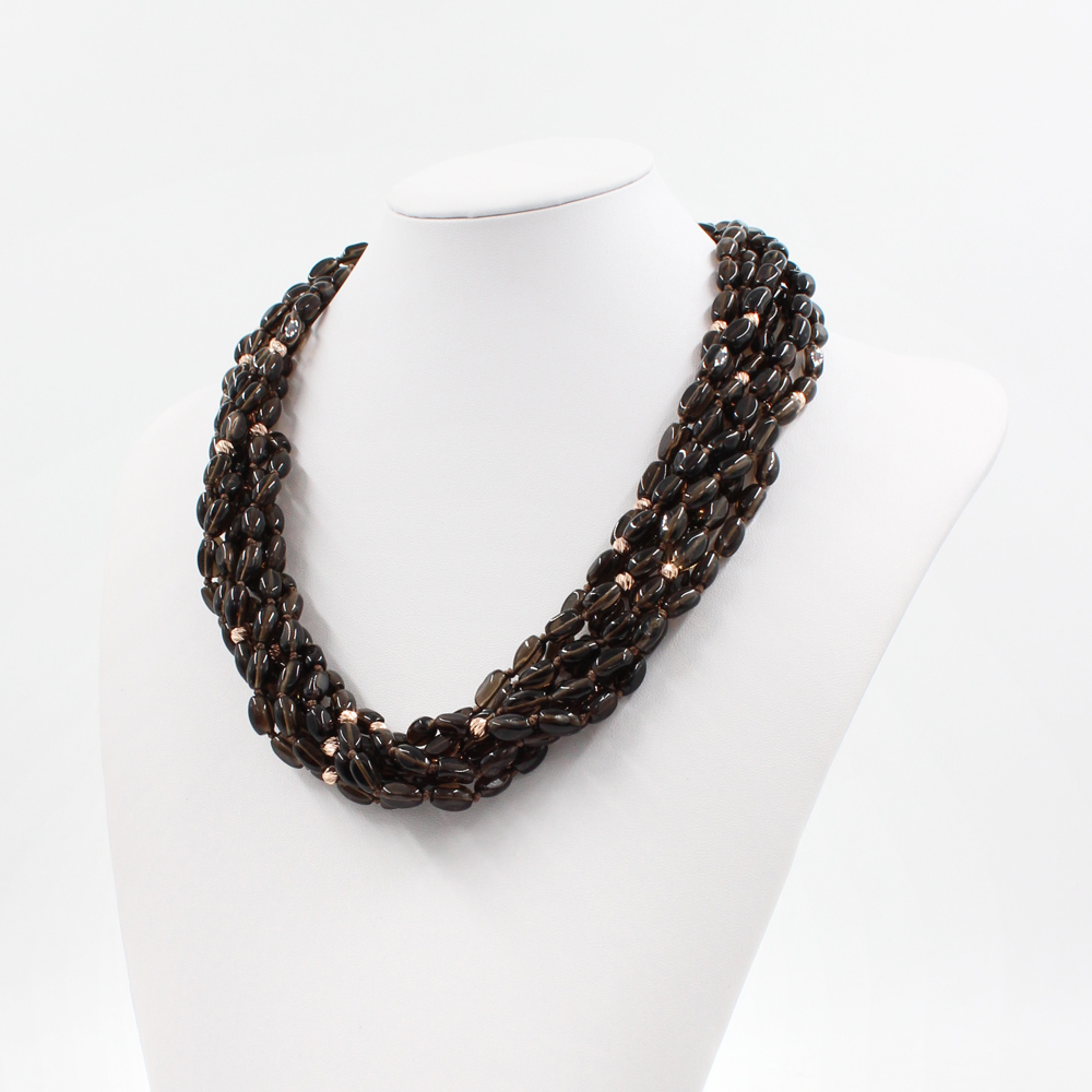 Multistrands necklace with smoky quartz torchon, sterling silver elements and horn clasp