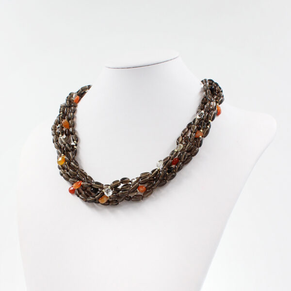 Multistrands necklace with smoky quartz torchon, red agate and rock cristal drop shape with red agate clasp