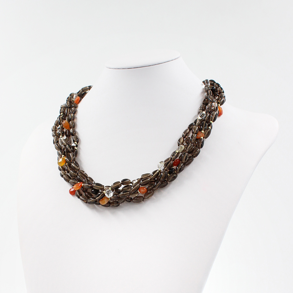 Multistrands necklace with smoky quartz torchon, red agate and rock cristal drop shape with red agate clasp