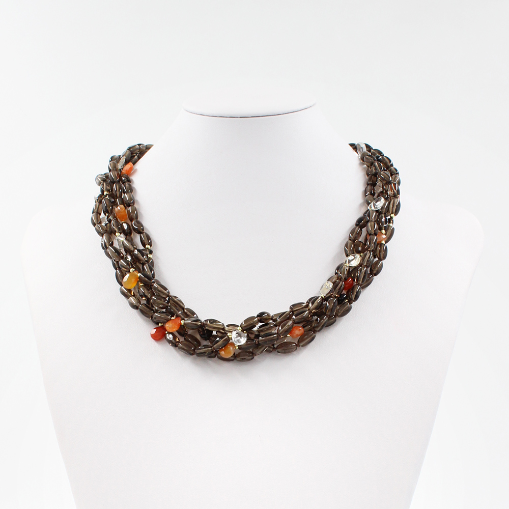 Multistrands necklace with smoky quartz torchon, red agate and rock cristal drop shape with red agate clasp - Image 2
