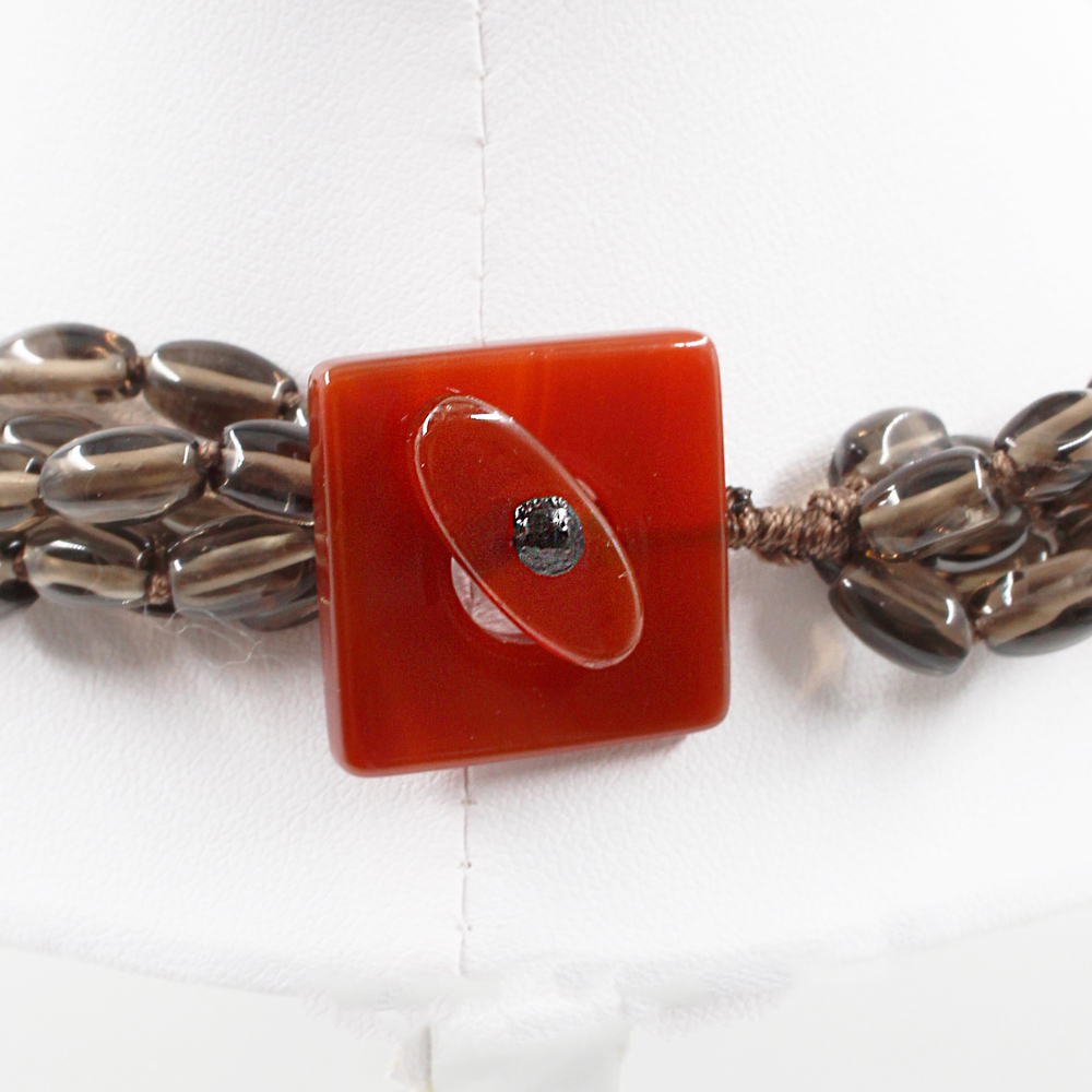 Multistrands necklace with smoky quartz torchon, red agate and rock cristal drop shape with red agate clasp - Image 3