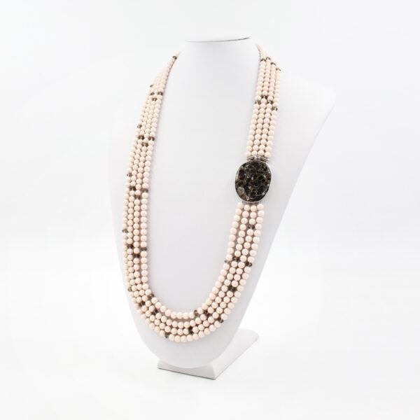 Multistrands necklace with recon pink coral, smoky quartz and jasper element in sterling silver clasp