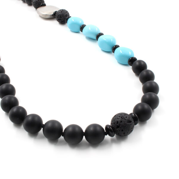 Necklace with black agate, recon turquoise, lava and sterling silver clasp