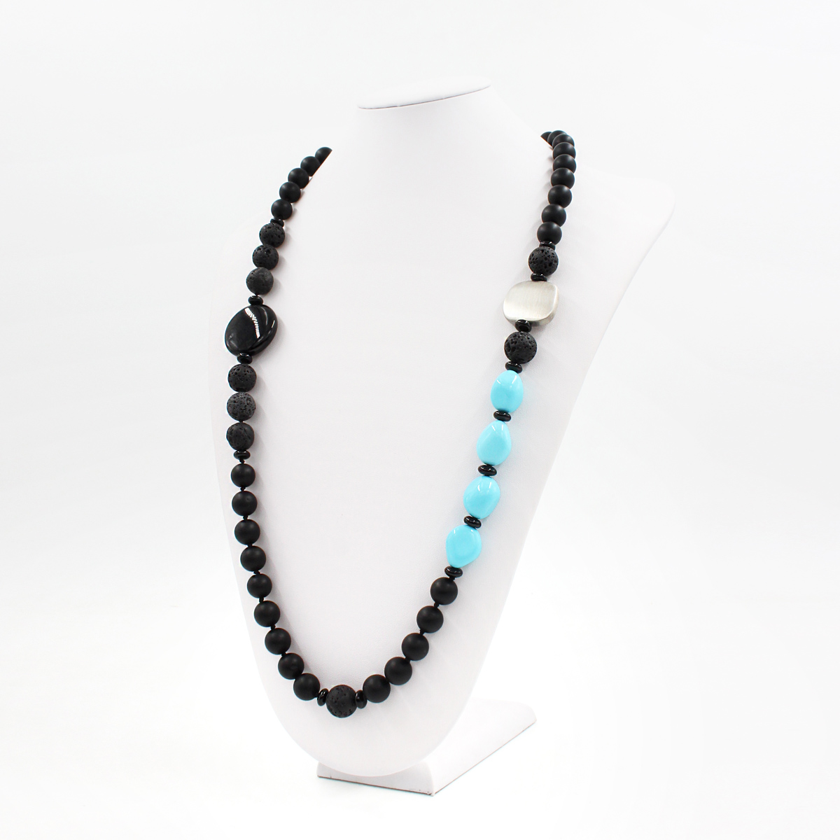 Necklace with black agate, recon turquoise, lava and sterling silver clasp - Image 2