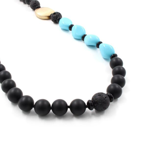 Necklace with black agate, recon turquoise, lava and sterling silver clasp