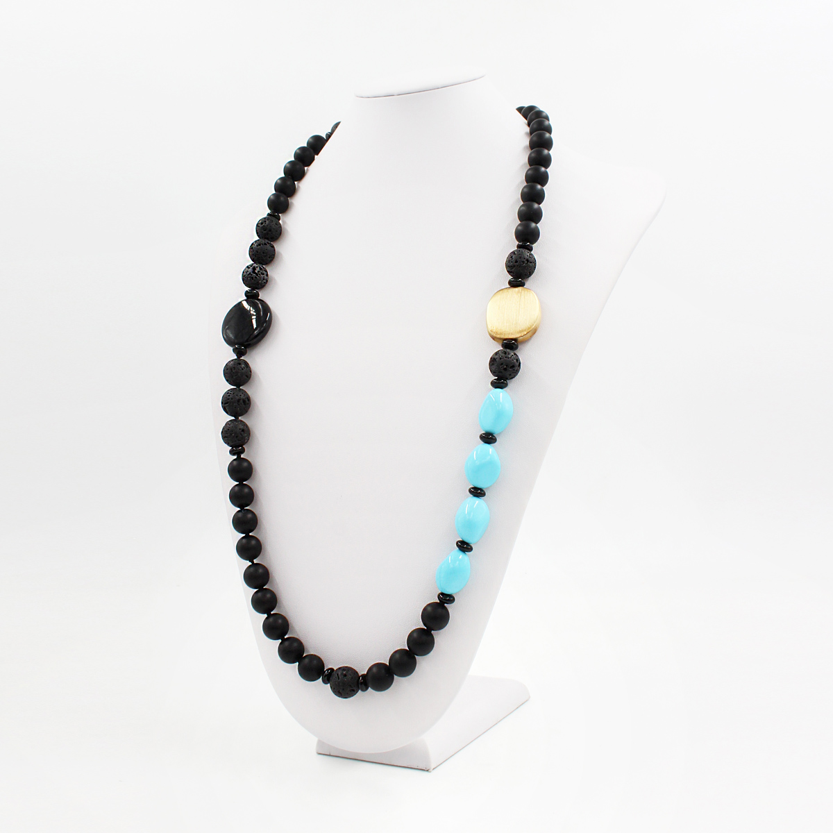 Necklace with black agate, recon turquoise, lava and sterling silver clasp - Image 2