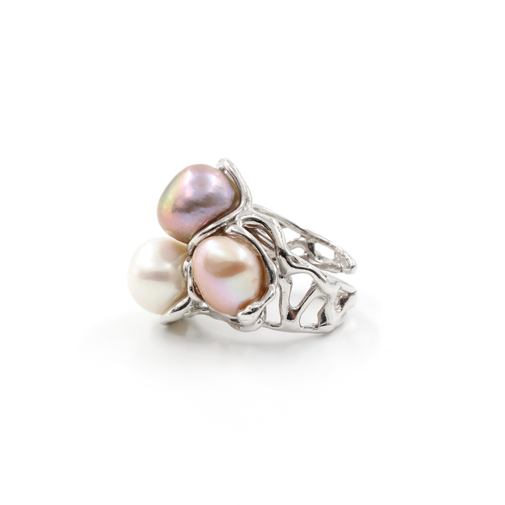 Anello in Argento 925‰ con tre perle multicolor – Rodiato - immagine 2
