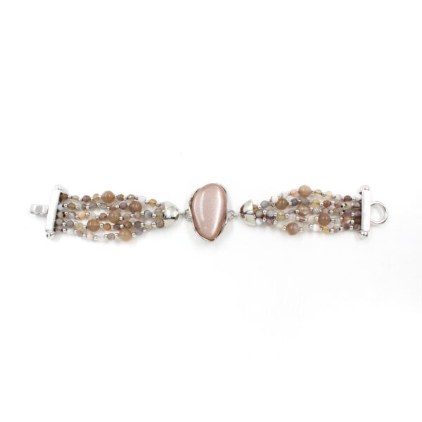 Multistrands bracelet with botswana agate, moonstone, moonstone and sterling silver clasp - Rhodium Color