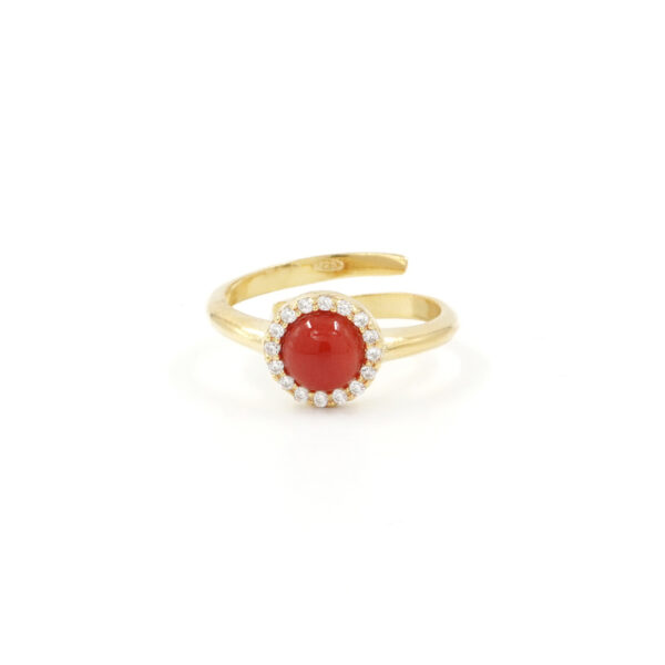 Anello in Argento 925‰ con spola tonda corallo e giro di zirconi – Dorato