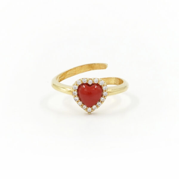 Anello in Argento 925‰ con cuore corallo e giro di zirconi – Dorato