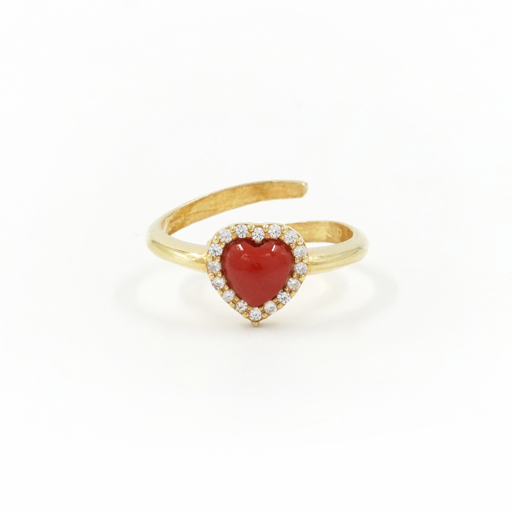 Anello in Argento 925‰ con cuore corallo e giro di zirconi – Dorato