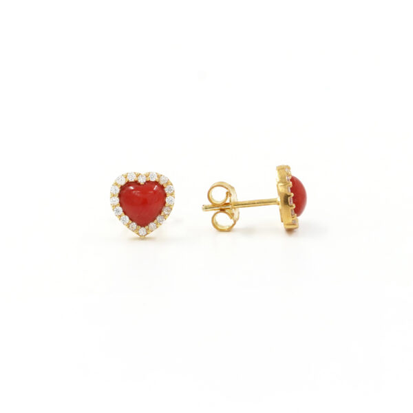 Sterling Silver earring with red coral heart shape and zircons – Golden Color