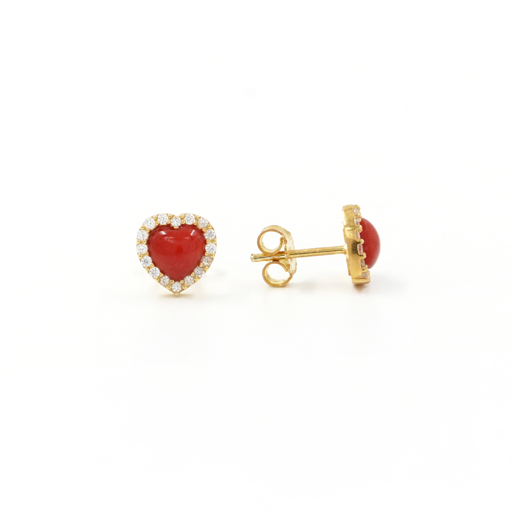 Orecchini in Argento 925‰ con cuore corallo e giro di zirconi – Dorato