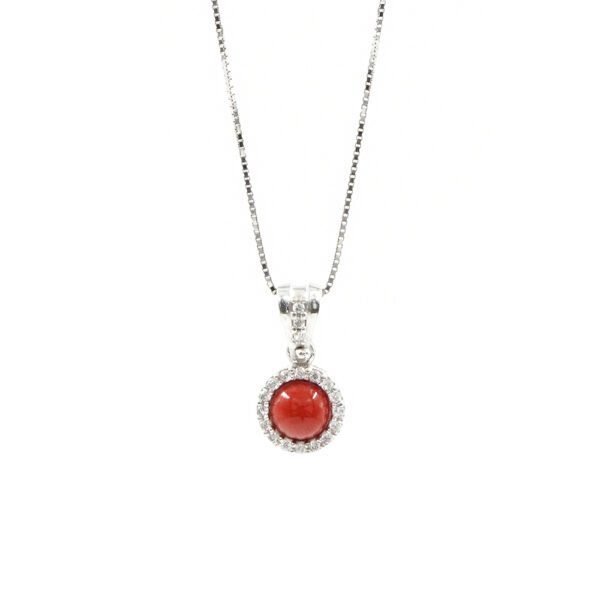 Collana in Argento 925‰ con con spola tonda di corallo e giro di zirconi – Rodiato