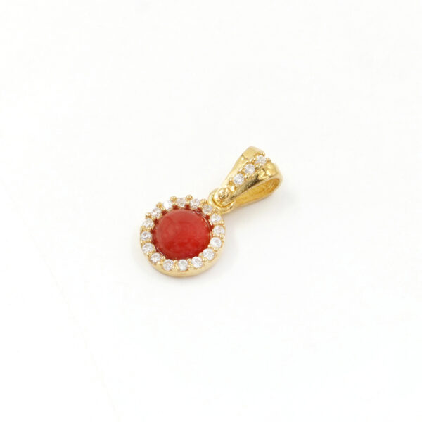 Sterling Silver pendant with red coral round shape and zircons &ndash; Golden Color