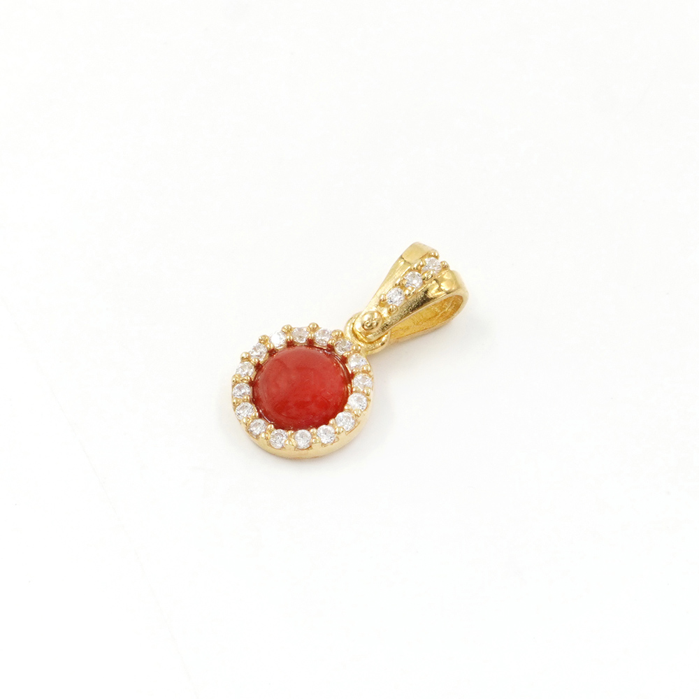 Pendente in Argento 925‰ con spola tonda di corallo e giro di zirconi – Dorato