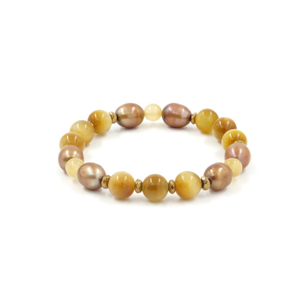 Bracciale elastico con occhio di tigre dorato, giada, perla e ematite