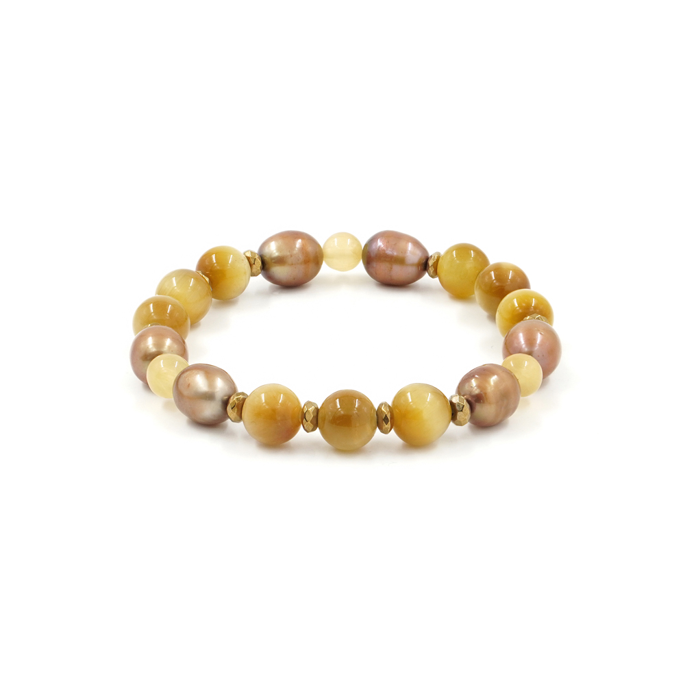 Bracciale elastico con occhio di tigre dorato, giada, perla e ematite