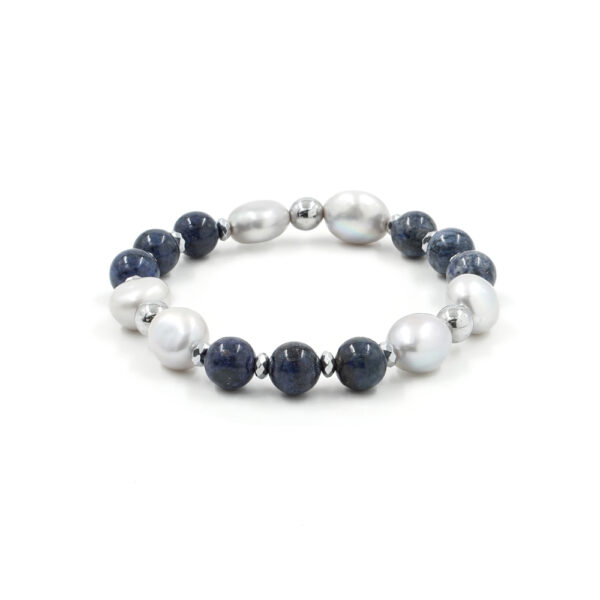 Bracciale elastico con dumortierite, perla grigia e ematite